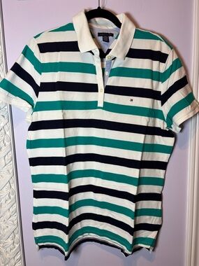 Tommy Hilfiger Teal, Navy & White Striped Polo Shirt Size XXL